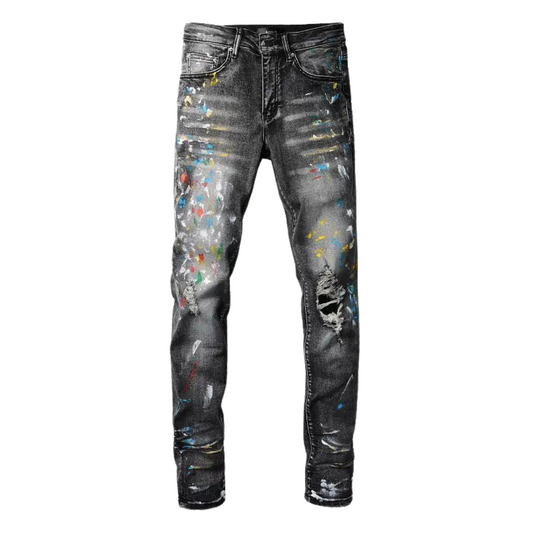 Speckle Ink Printed Vintage Pleated Ripped Jeans
