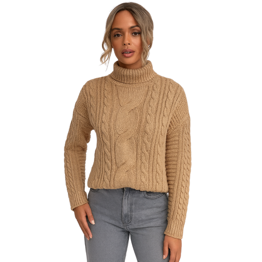 Chunky Cable-Knit Mock Neck Sweater