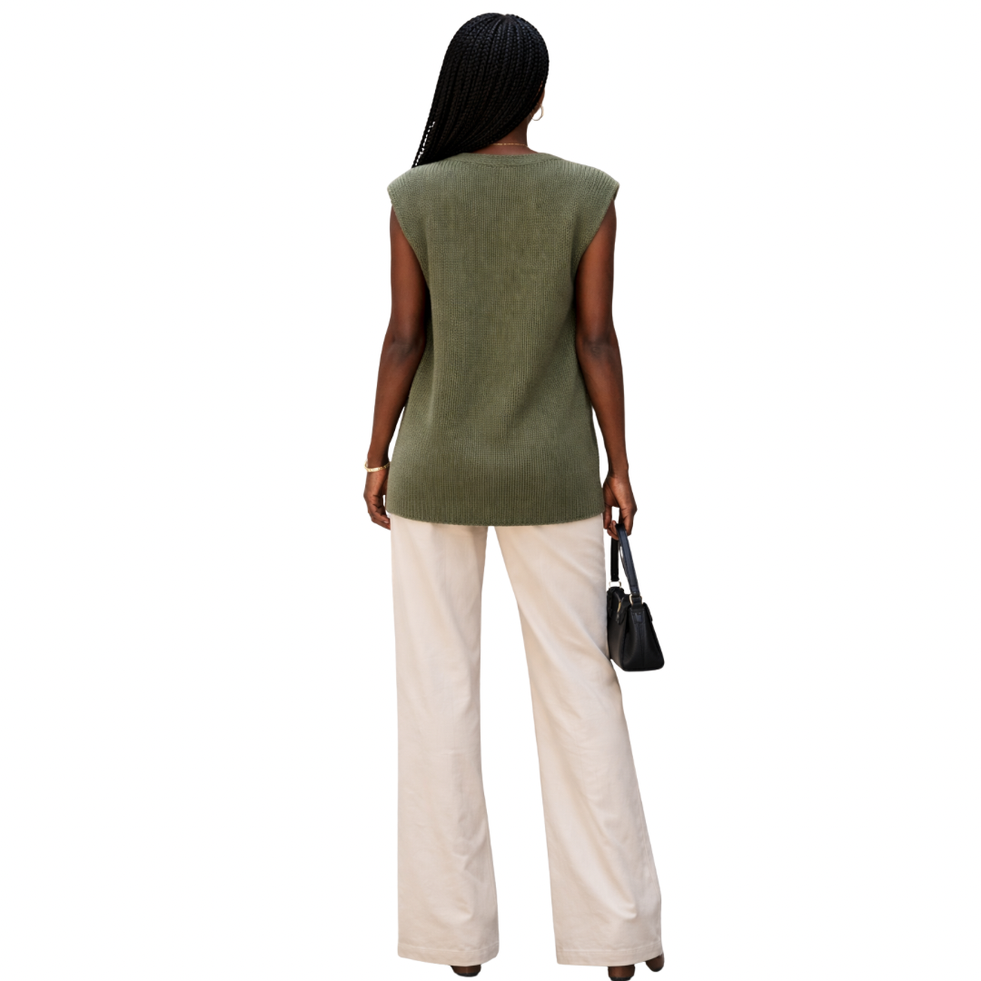 Knit V-Neck Sleeveless Top in Green for Women, back view - The Olace