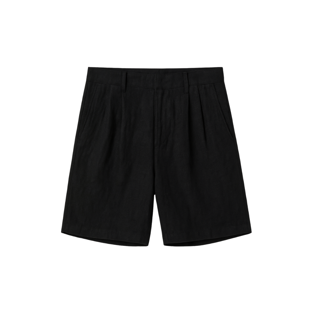 men’s loose linen shorts in black, flat front view – The Olace
