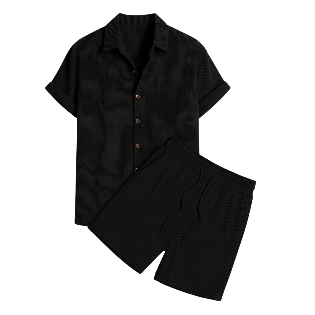 men’s ribbed polo shirt and shorts set in black, flat lay – The Olace