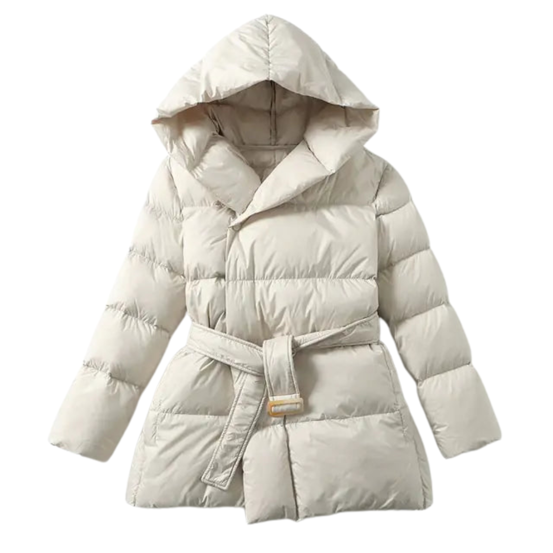 women’s hooded parka coat in cream, flat lay – The Olace
