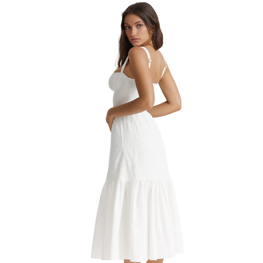 women’s jacquard midi dress in white, side view – The Olace