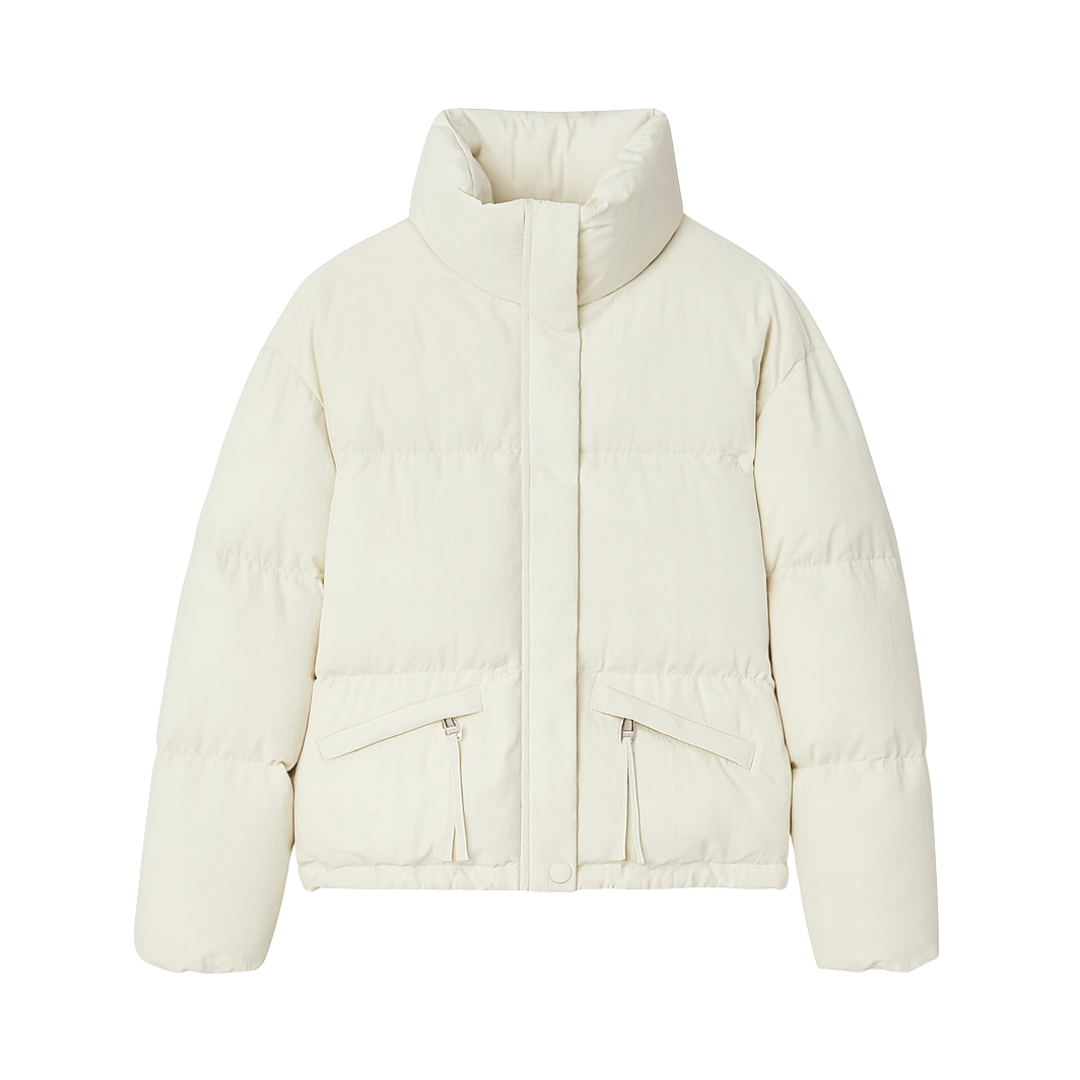 women’s loose puffer jacket in white, flat lay – The Olace