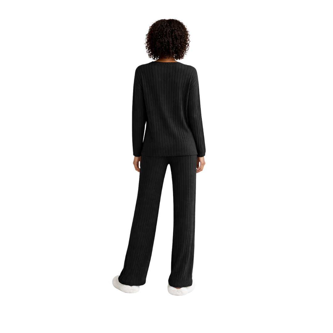 women’s ribbed knit lounge set – black – back view – The Olace