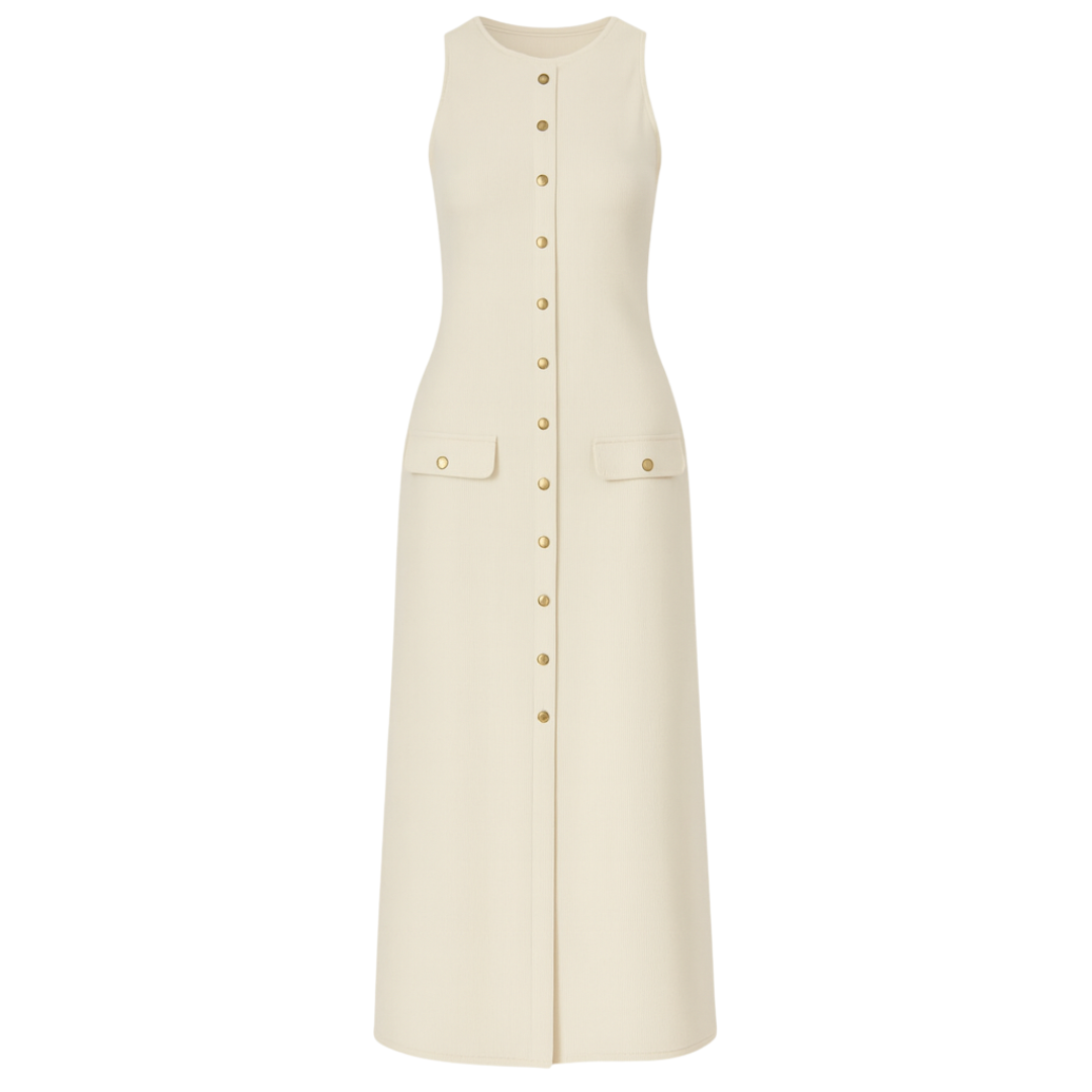 women’s sleeveless button-down knit midi dress in cream, flat lay – The Olace