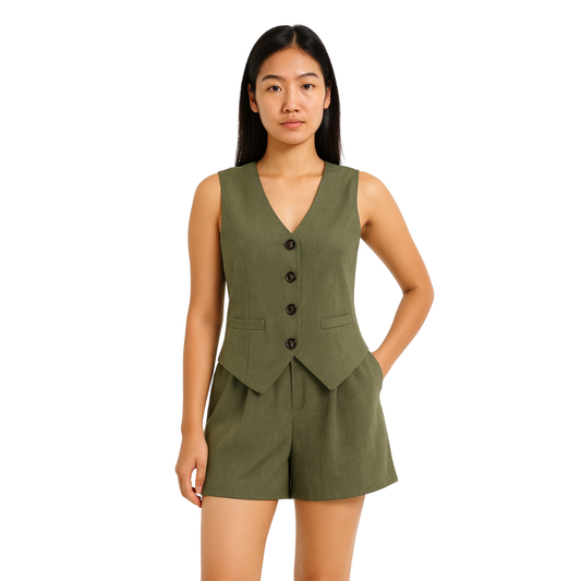 V-Neck Button Vest & Shorts Set