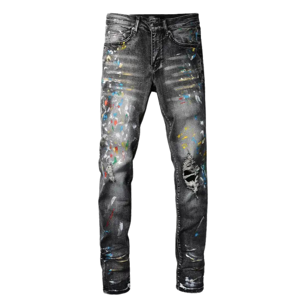 Speckle Ink Printed Vintage Pleated Ripped Jeans