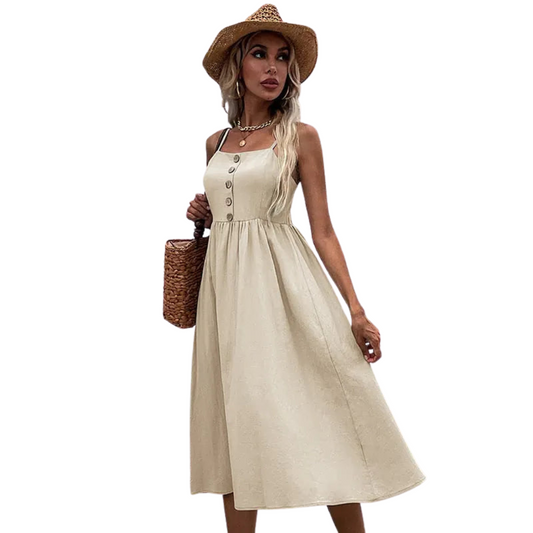 Sleeveless Button A-Line Midi Dress