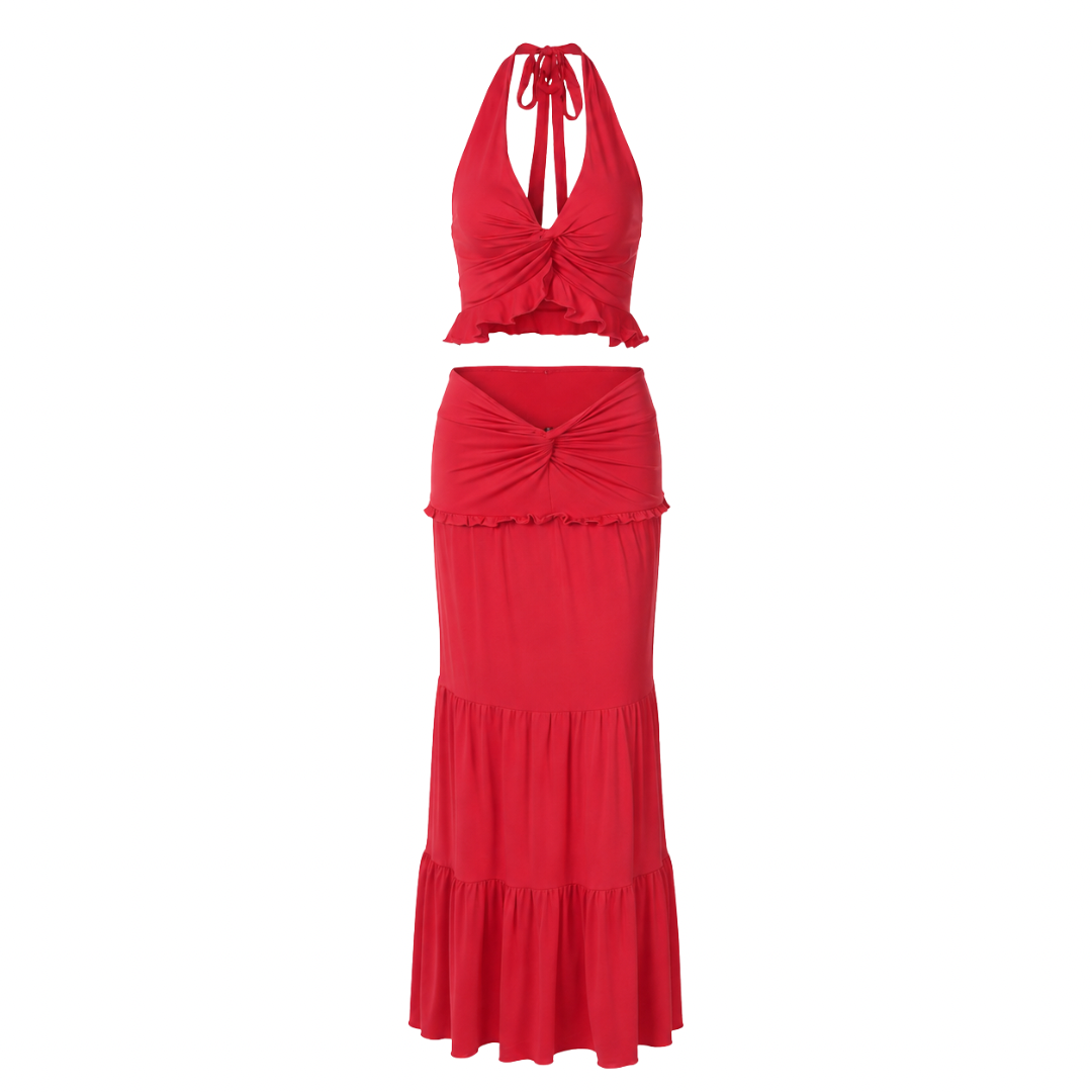 Ruched Halter Top & Maxi Skirt Set