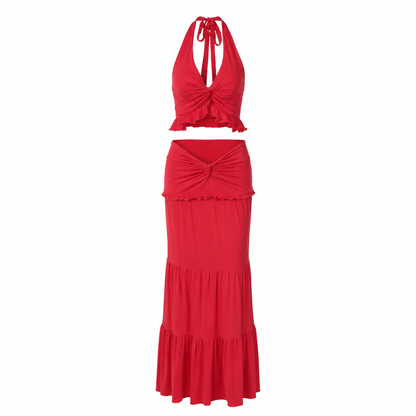 Ruched Halter Top & Maxi Skirt Set