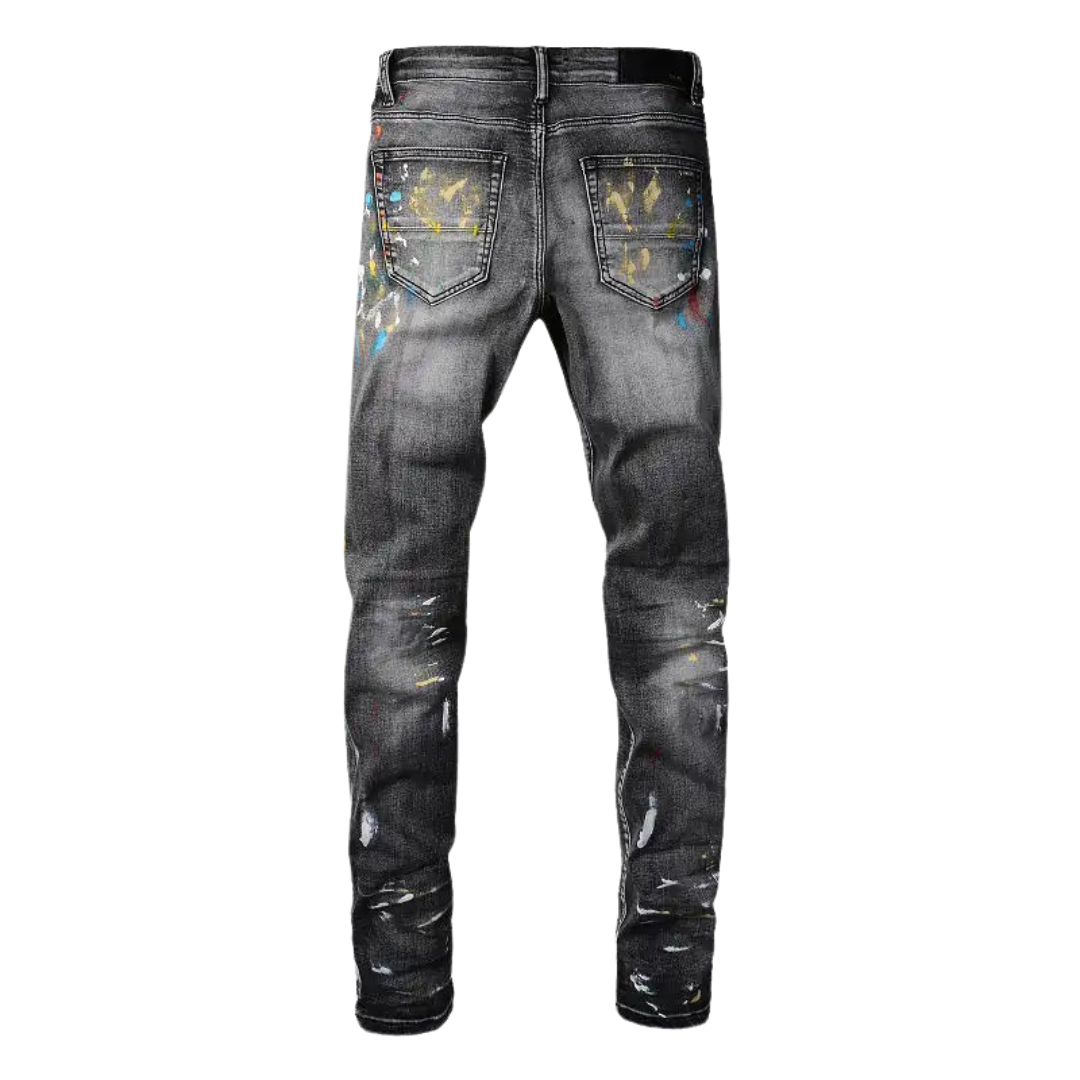 Speckle Ink Printed Vintage Pleated Ripped Jeans