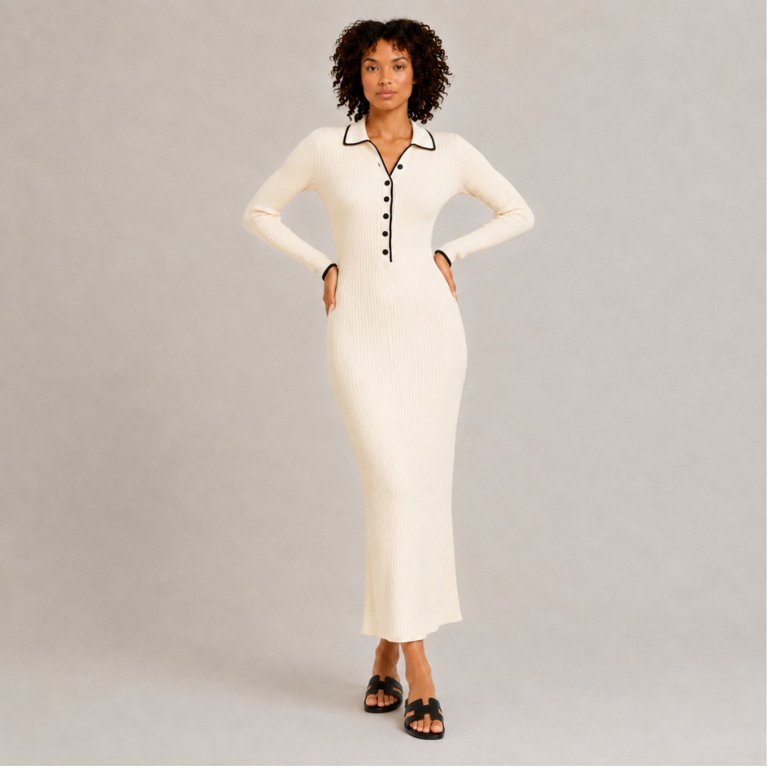 Polo Collar Ribbed Knit Dress