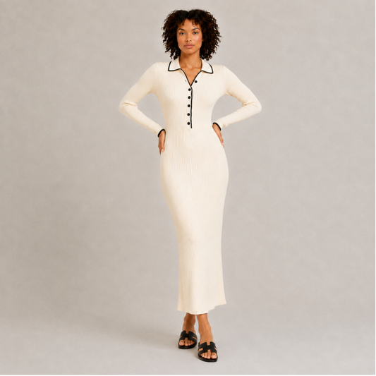 Polo Collar Ribbed Knit Dress