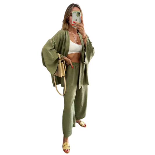 Two-Piece Linen Set Cardigan and Trousers
