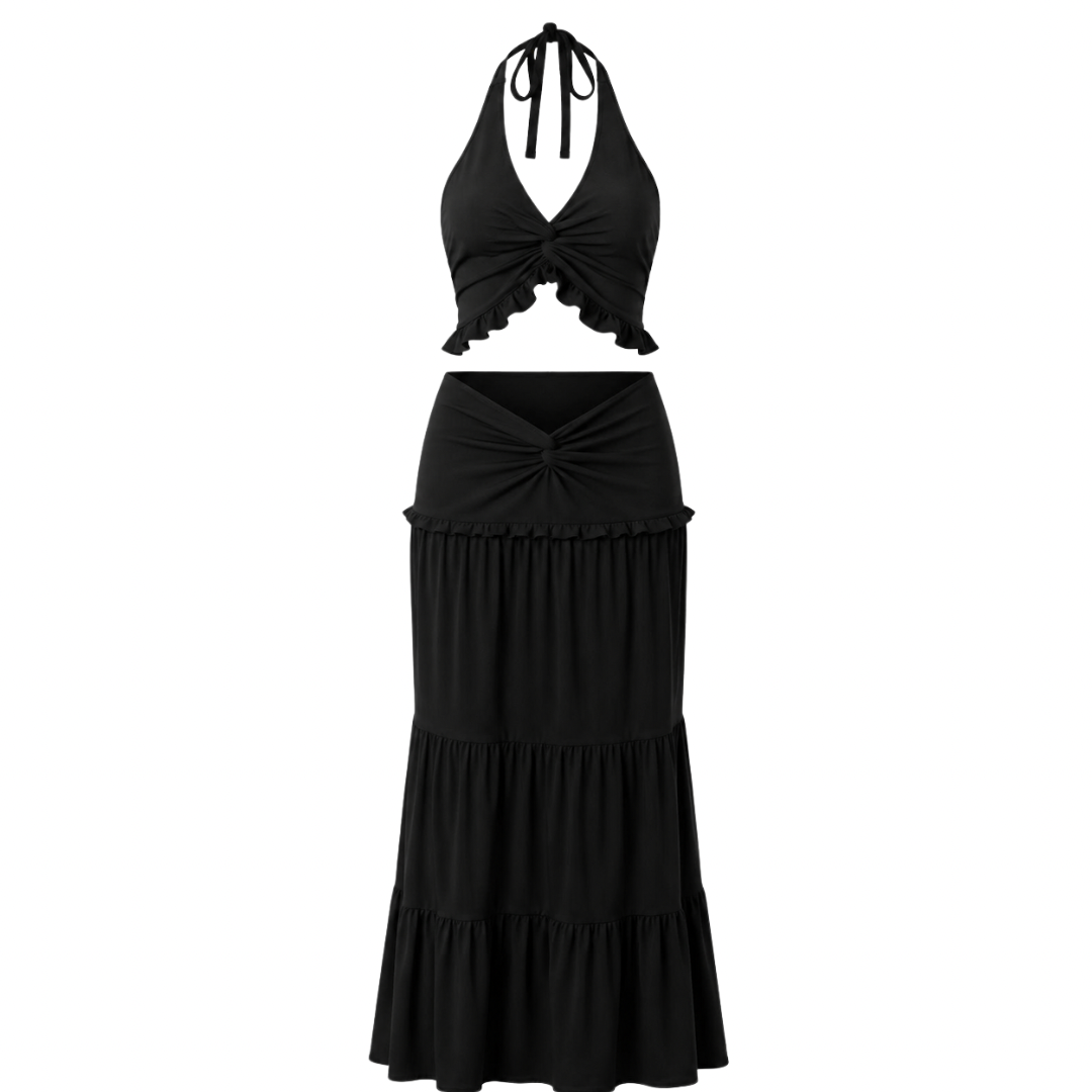 Ruched Halter Top & Maxi Skirt Set