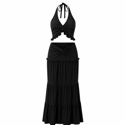 Ruched Halter Top & Maxi Skirt Set