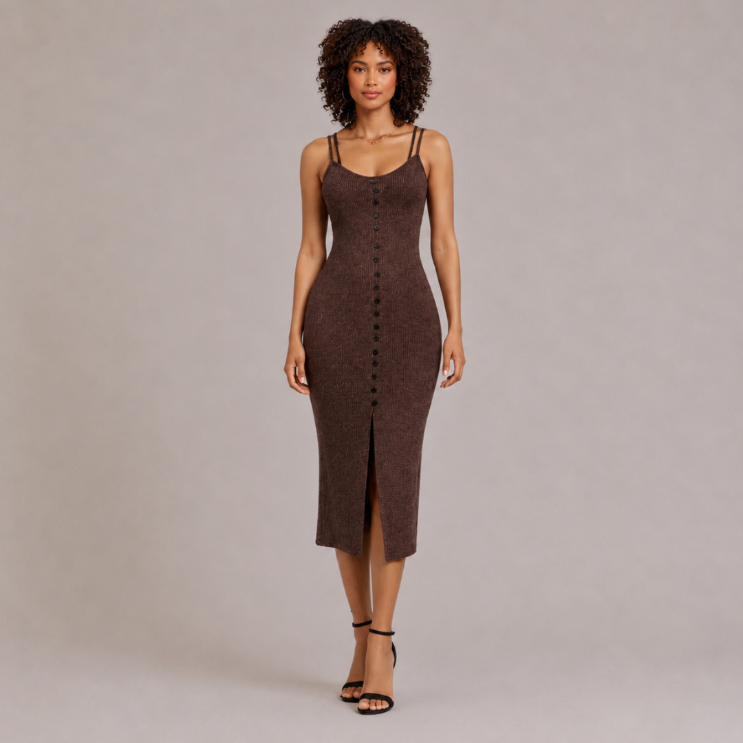 Ribbed Knit Button Midi Dress