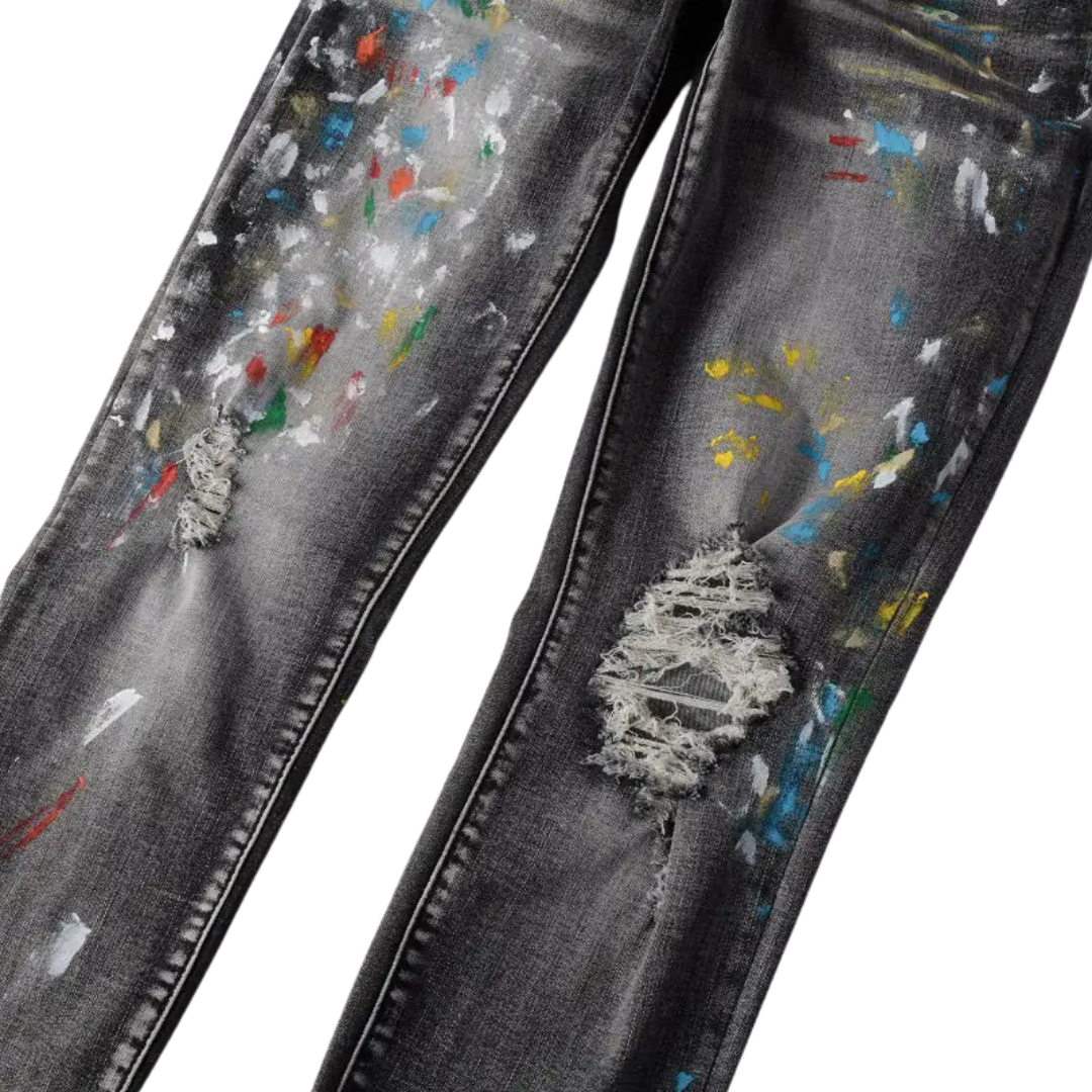 Speckle Ink Printed Vintage Pleated Ripped Jeans