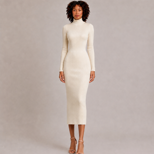 Ribbed Knit High-Neck Dress