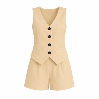 V-Neck Button Vest & Shorts Set