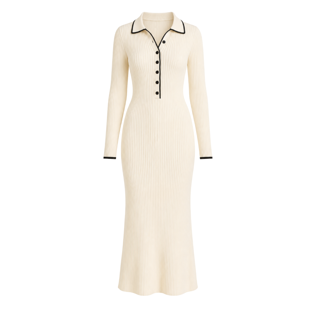 Polo Collar Ribbed Knit Dress