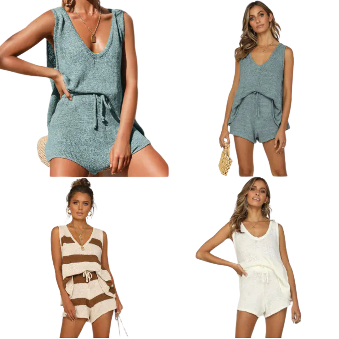 Summer Casual Deep V Neck Knit Women Two-Piece Set