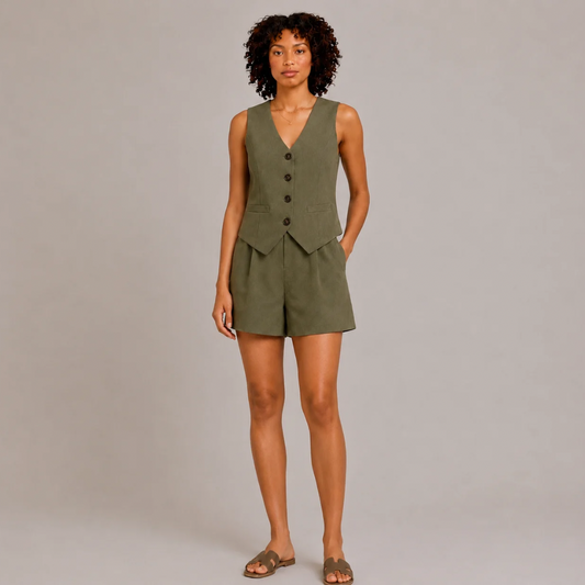 V-Neck Button Vest & Shorts Set