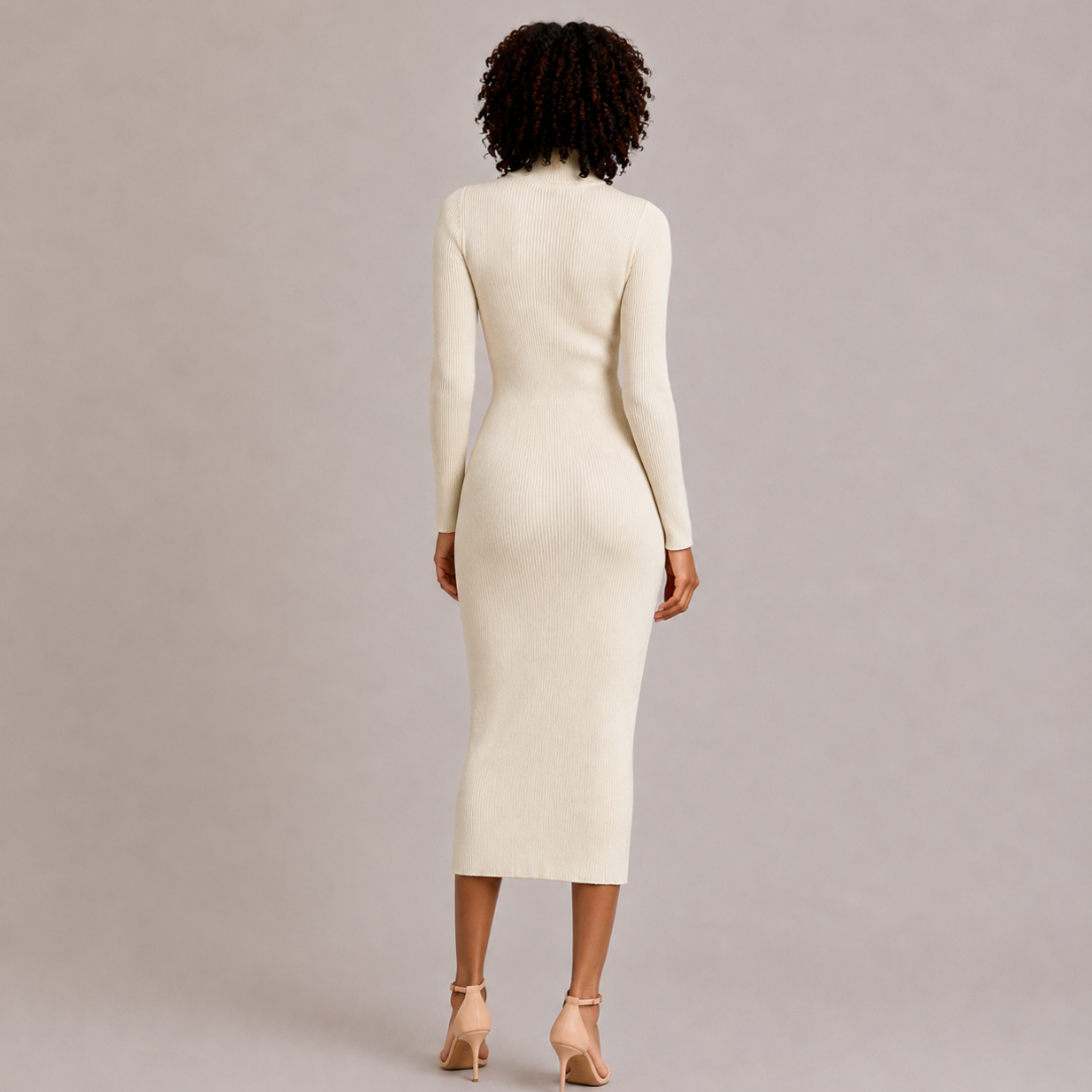 Ribbed Knit High-Neck Dress