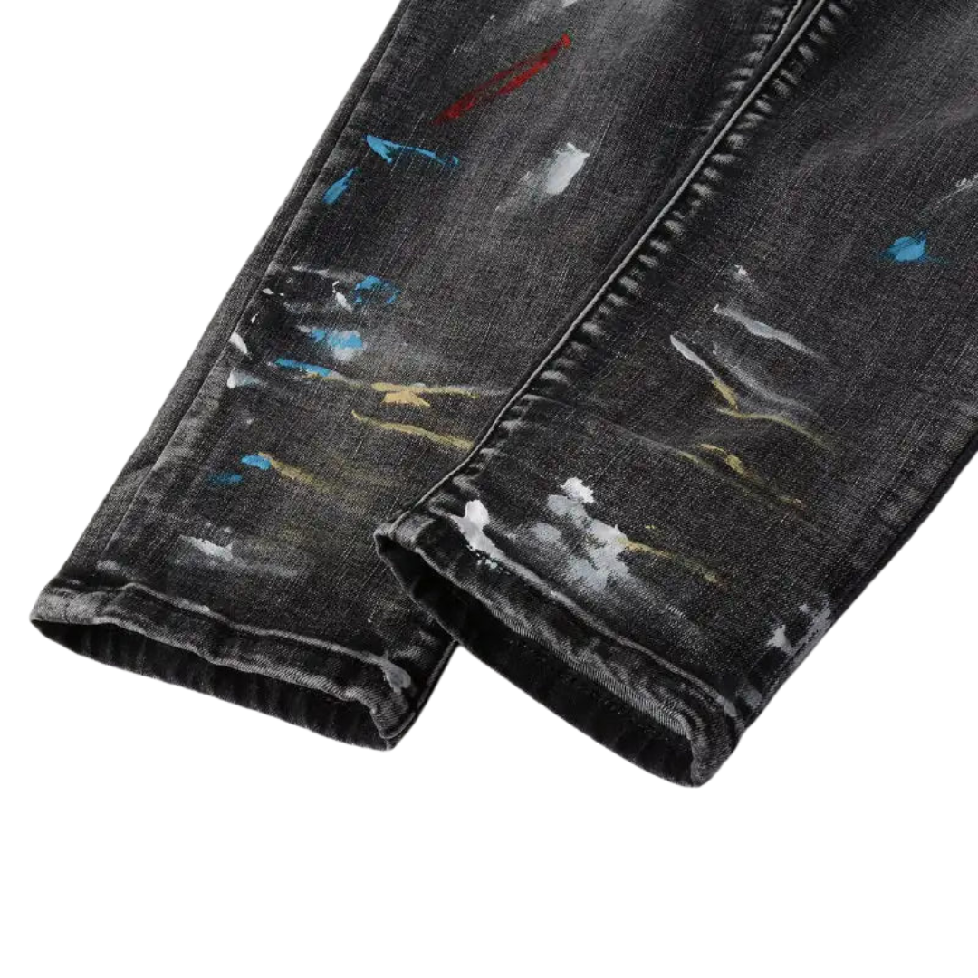 Speckle Ink Printed Vintage Pleated Ripped Jeans