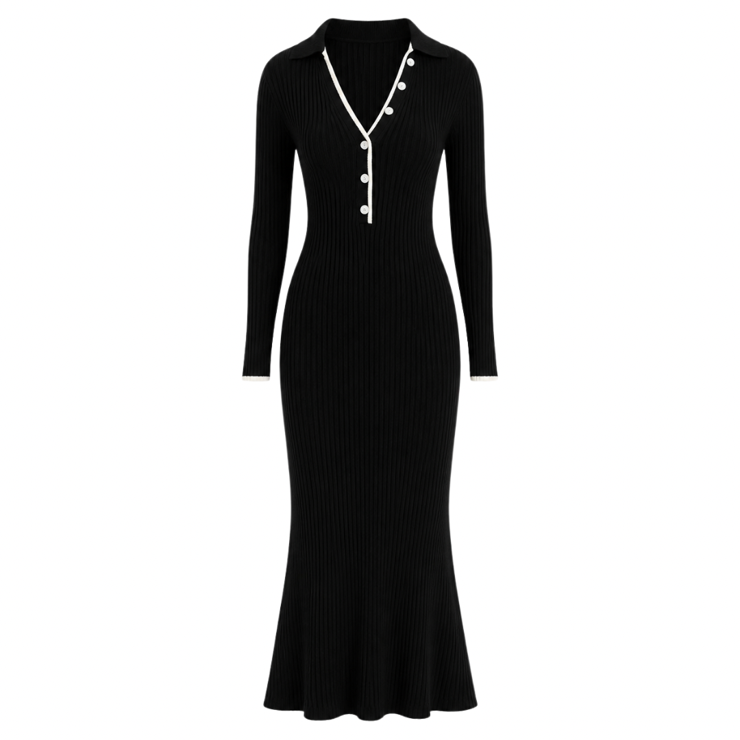 Polo Collar Ribbed Knit Dress