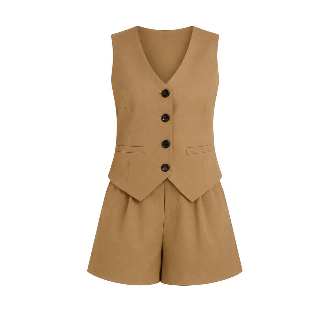 V-Neck Button Vest & Shorts Set