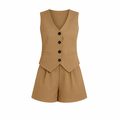 V-Neck Button Vest & Shorts Set