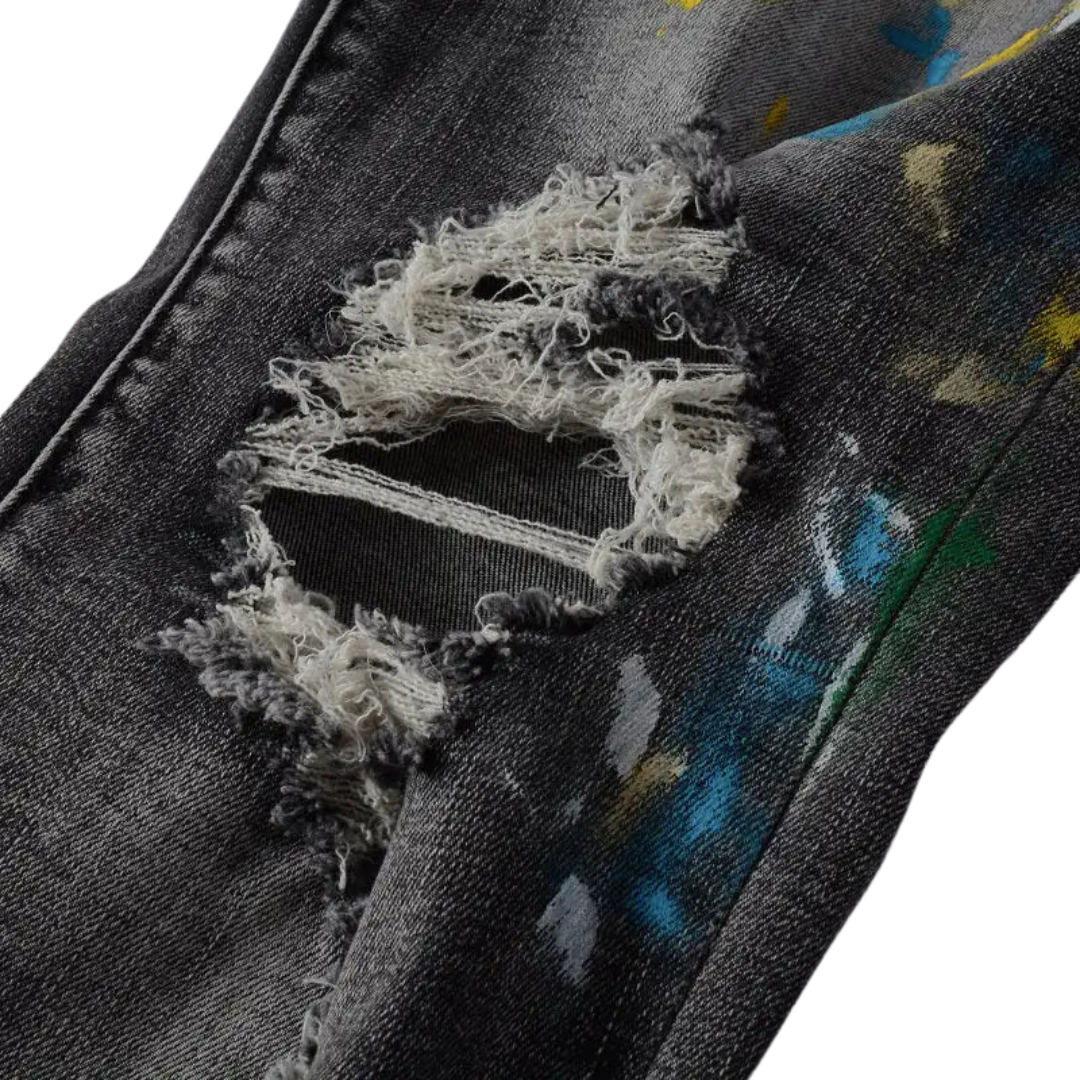 Speckle Ink Printed Vintage Pleated Ripped Jeans
