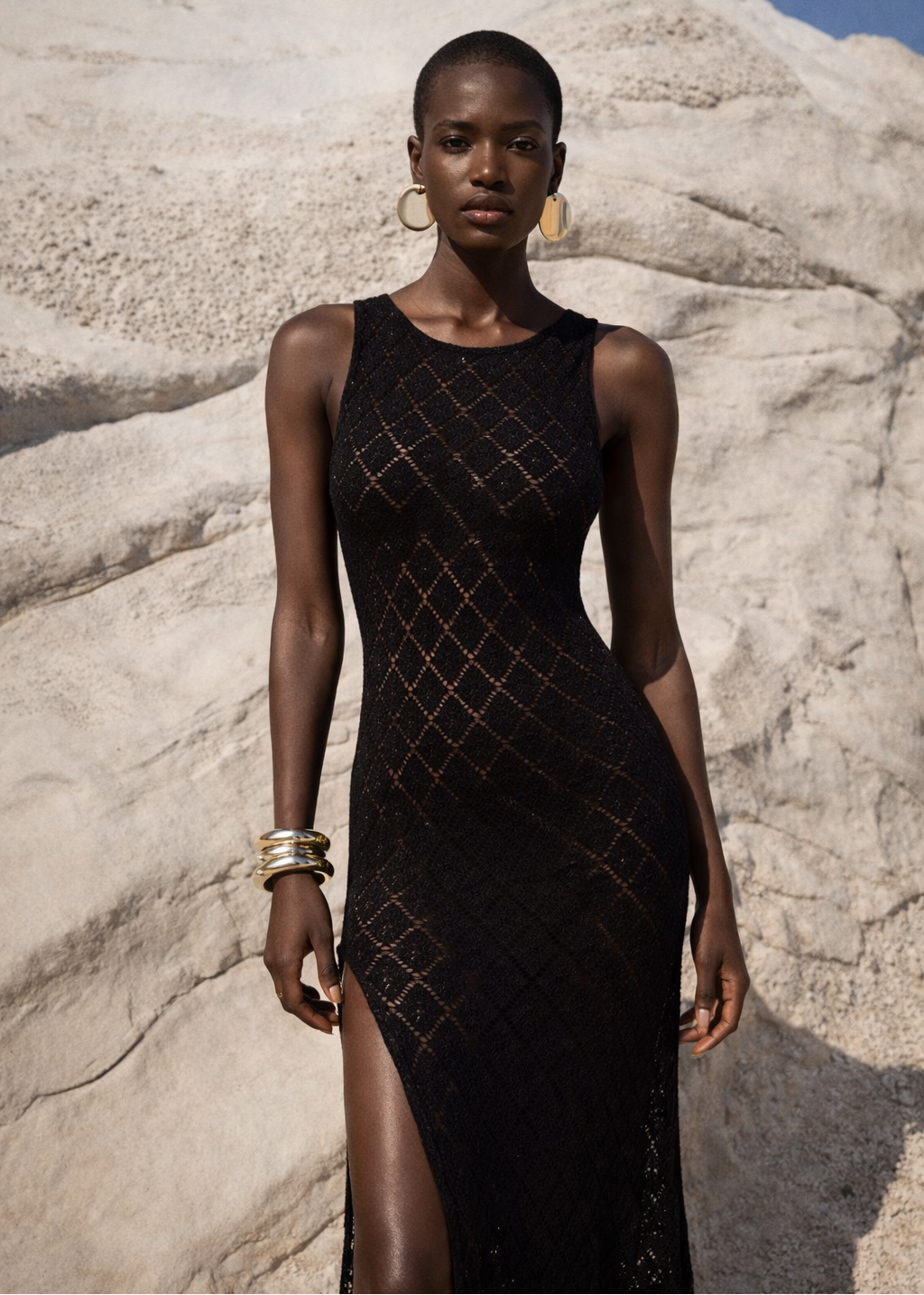 Crochet Knit Maxi Dress in Black