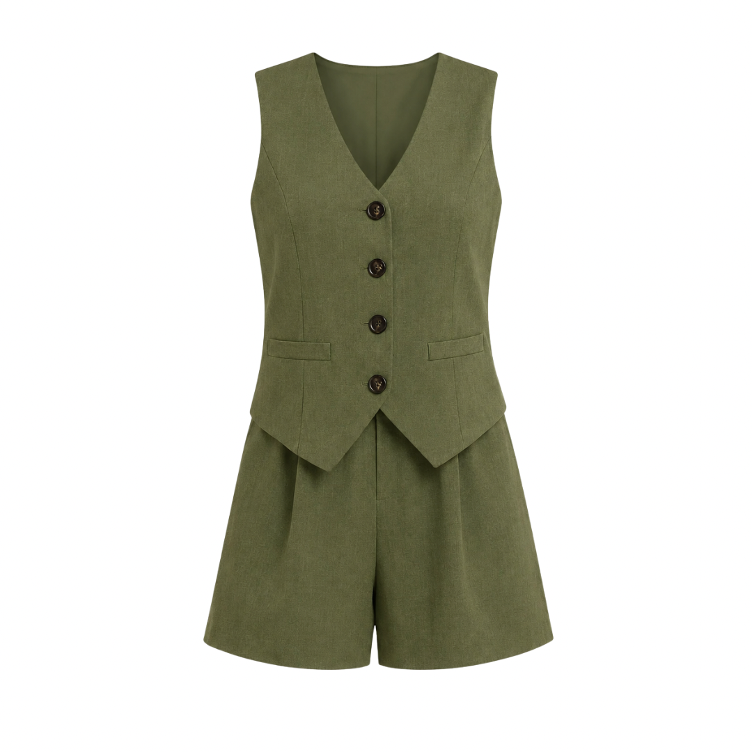 V-Neck Button Vest & Shorts Set