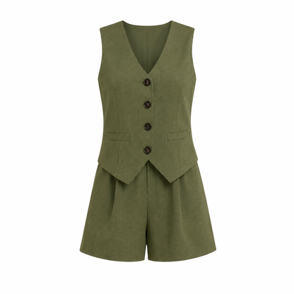 V-Neck Button Vest & Shorts Set