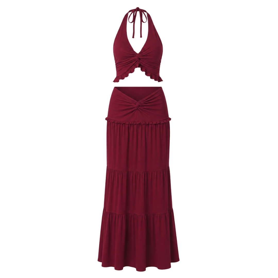 Ruched Halter Top & Maxi Skirt Set