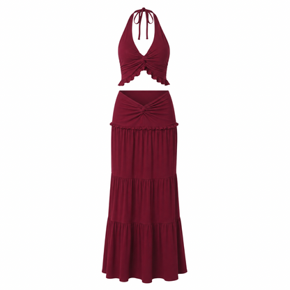 Ruched Halter Top & Maxi Skirt Set