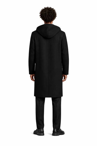 Hooded Wool Coat in Black Back View - The Olace