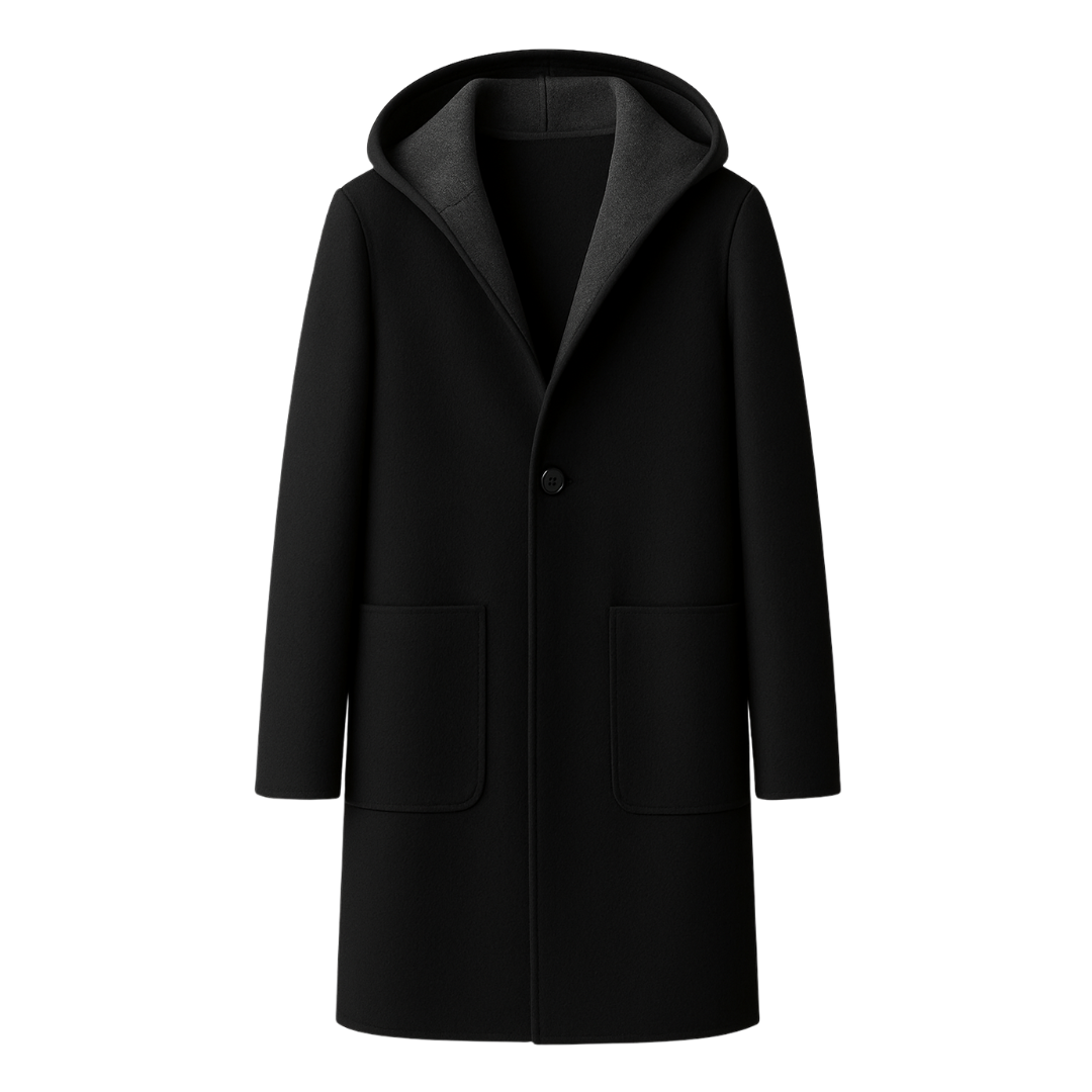 Hooded Wool Coat in Black Flat Lay - The Olace