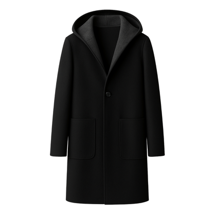 Hooded Wool Coat in Black Flat Lay - The Olace