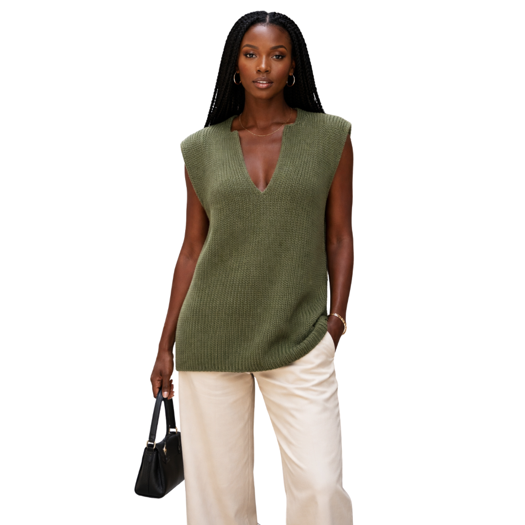 Knit V-Neck Sleeveless Top in Green for Women - The Olace