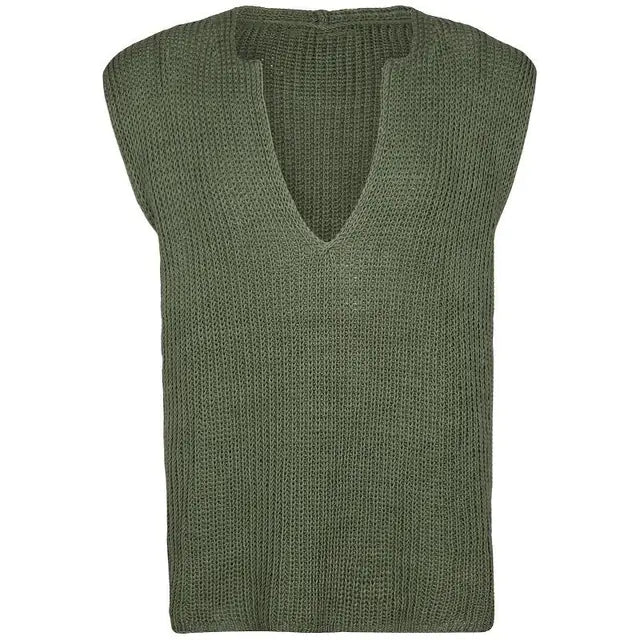 Knit V-Neck Sleeveless Top in Green for Women, flat lay - The Olace