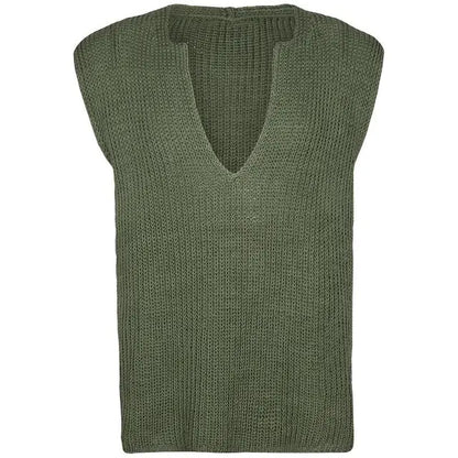 Knit V-Neck Sleeveless Top in Green for Women, flat lay - The Olace