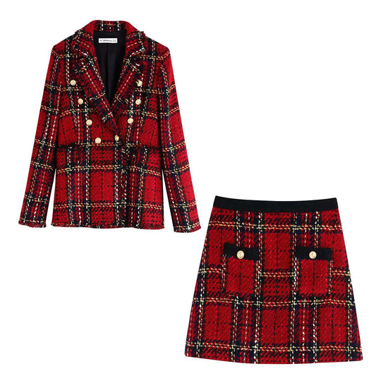 Red plaid suit blazer and skirt