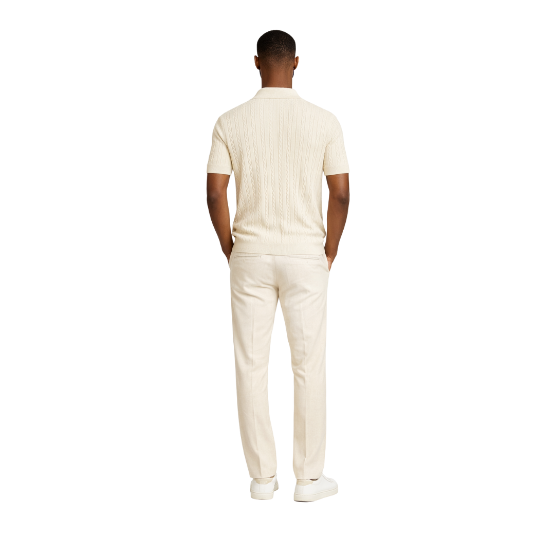 Men’s cream knitted short sleeve button shirt back view – The Olace