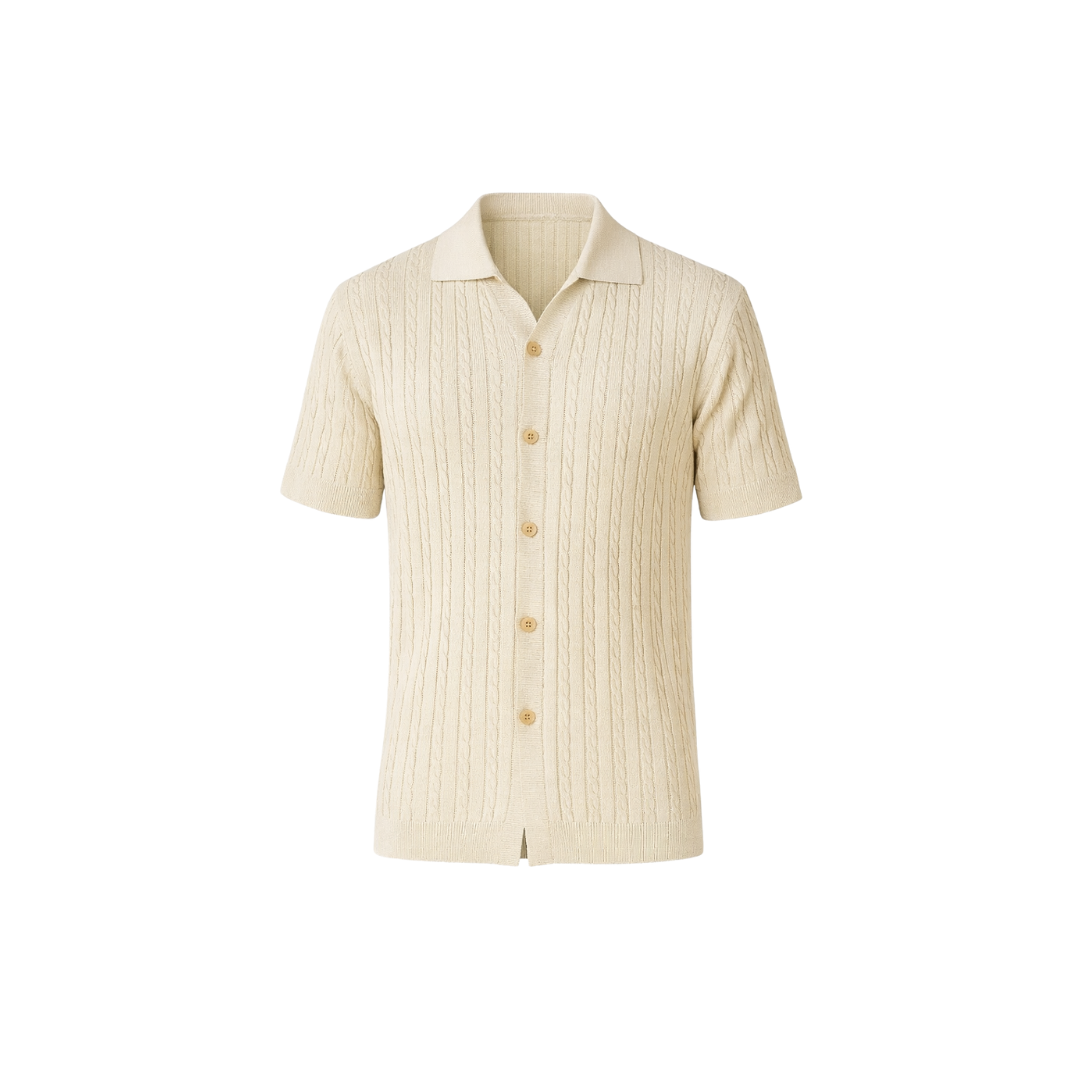 Men’s cream knitted short sleeve button shirt flat lay – The Olace