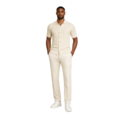 Men’s cream knitted short sleeve button shirt worn by model – The Olace