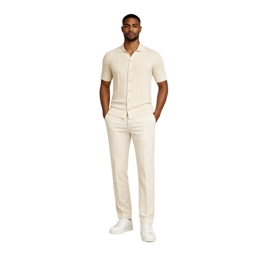 Men’s cream knitted short sleeve button shirt worn by model – The Olace
